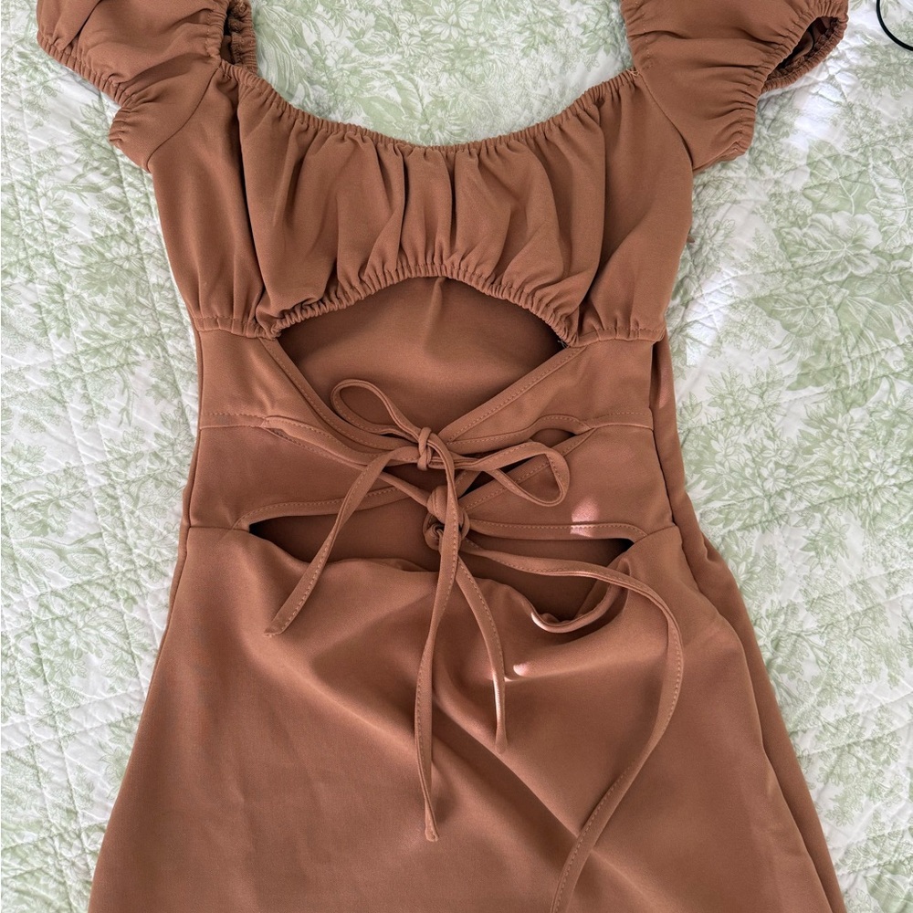TIGERMIST Elegant Tan Dress with Puff Sleeves